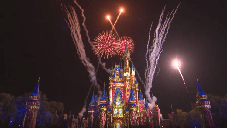 Disney's Happily Ever After Fireworks on Cinderella Castle, viewed from Main Street, U.S.A. in the Magic Kingdom